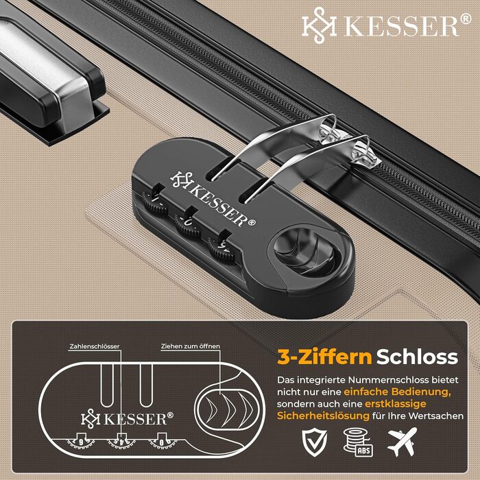 Набір валіз KESSER® з ABS-пластику (4 шт.): S, M, L, XL. З телескопічною ручкою, 4 колеса, ваги та жетон для багажу. Колір: шампань