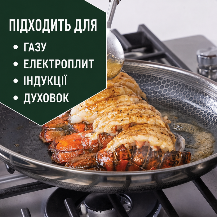 Сковорода HexClad гібридна антипригарна 25 см з кришкою, для індукції та всіх плит, жароміцна, ручка що не нагрівається