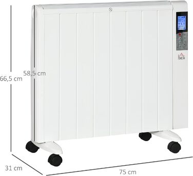 Електричний обігрівач HOMCOM 2000Вт з LCD-дисплеєм, 2 режими нагріву, дистанційне керування, захист від перегріву та перекидання, для кімнат до 15 м², білий, 75x7,5x58,5 см