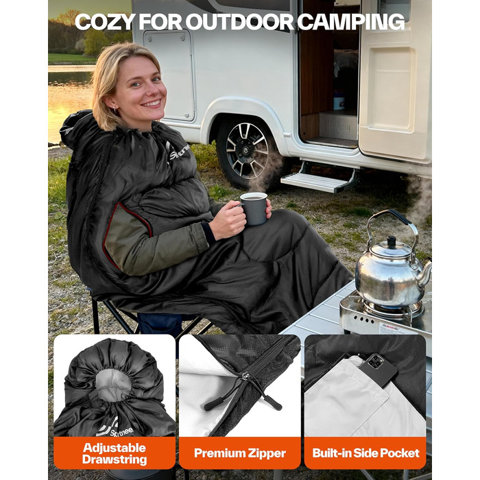 Спальний мішок Sportneer Outdoor у формі ковдри (220×85 см), чорний, температурний режим +10...+26 °C, з отворами для рук