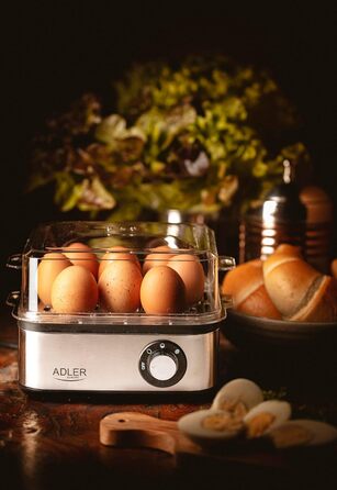 Електрична яйцеварка ADLER EUROPE AD-4486, 1-8 яєць, 500 Вт, нержавіюча сталь, автоматичне вимкнення, захист від перегріву, срібляста