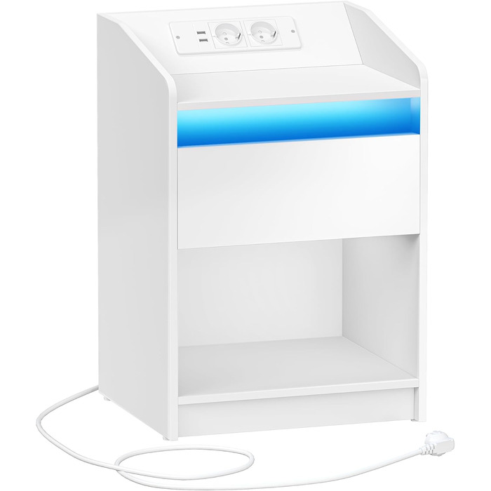 Тумба приліжкова Hzuaneri з LED-підсвіткою, USB, розетками, шухлядою та відкритою полицею, біла, для спальні та вітальні