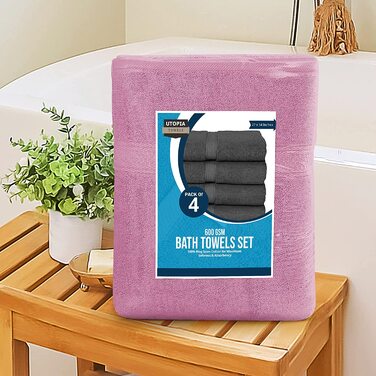 Рушники для ванни Utopia Towels, набір 4 шт, 100% бавовна, 600 г/м², швидковисихаючі, дуже вбираючі, м'які, рожеві, 68.6x137.2 см
