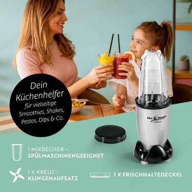 Електричний міні-блендер GOURMETmaxx 400Вт, 4-в-1: смузі-мейкер, стаціонарний міксер, 500 мл, 9 функцій, BPA-вільний, сріблясто-чорний, з дорожнім стаканом, можна мити в посудомийній машині