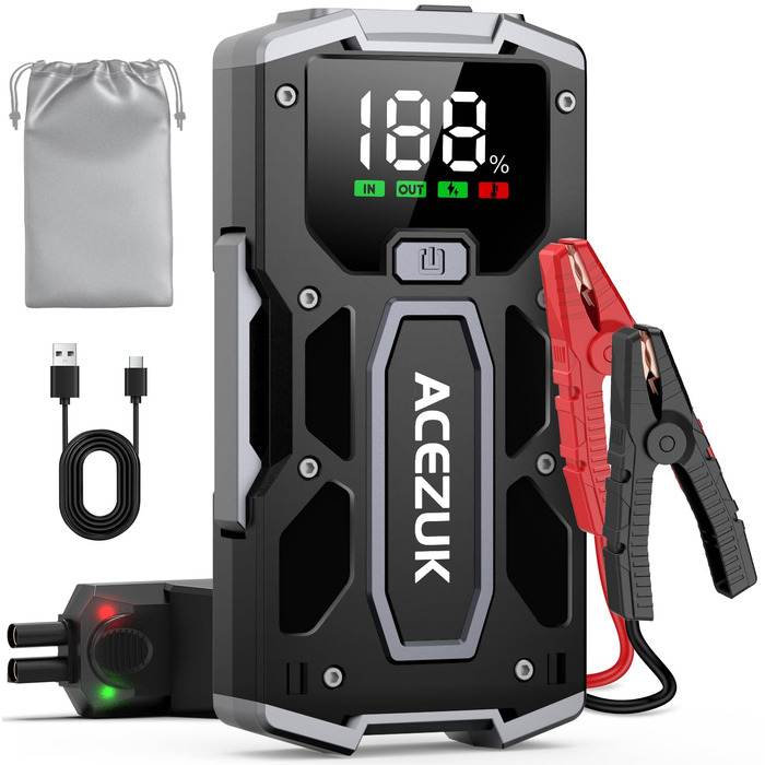 Бустер автомобільного акумулятора ACEZUK 4000A 12V — Пусковий пристрій (Jump Starter) для авто, SUV, мотоциклів та газонокосарок (до 7.0L бензин / 5.5L дизель) з LED-ліхтарем та цифровим дисплеєм