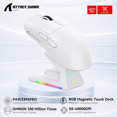 Ігрова миша Attack Shark X1 White: бездротова (BT/2.4G) та дротова, сенсор PixArt PAW3395PRO, 40000 DPI, вага 53г, з RGB док-станцією для зарядки, для Win11/Xbox/PS/Mac