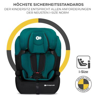 Дитяче автокрісло Kinderkraft COMFORT UP i-Size, для дітей 76-150 см, 5-точковий ремінь, регульований підголівник, зелений, стандарт ECE R129/03
