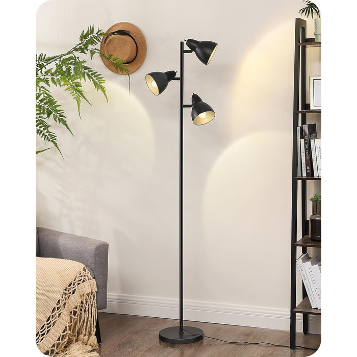 Торшер EDISHINE 163 см, 3 лампи, чорний, з LED-лампою E27, регульований, вінтажний, для вітальні, спальні, офісу, з індивідуальними вимикачами, сучасний дизайн, лампа у комплекті