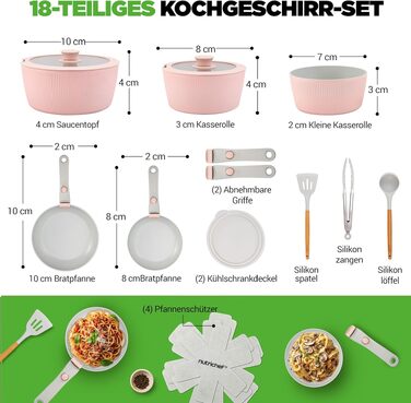 Набір посуду NutriChef 18 предметів керамічний рожевий з знімними ручками, для індукційних плит, антипригарний, компактний, для духовки, для всіх типів плит