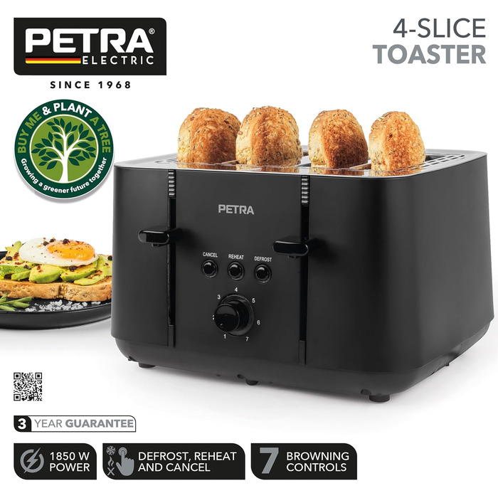 Тостер Petra PT5565MBLKVDE на 4 тости, 1850 Вт, чорний, 7 режимів, функції розморожування, повторного нагріву і відміни, антизастрягальна система, висувний лоток для крихт, самовирівнювання тостів