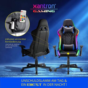 Ігровий крісло Xantron® з RGB підсвічуванням, чорний, PVC шкіра, до 150 кг, регульоване газовою пружиною
