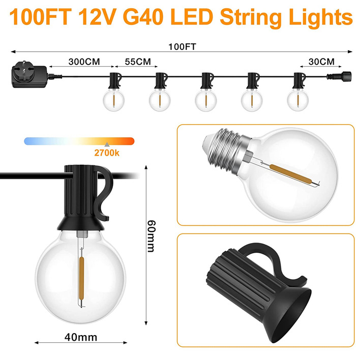 Гірлянда SUWIN 30 м для вулиці, 52 LED лампочки G40, енергозберігаюча