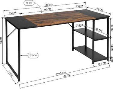 Письмовий стіл з полицею FurnitureR 120x60x74 см, дерев'яний та металевий, для дому, офісу, вітальні в індустріальному стилі, чорно-коричневий