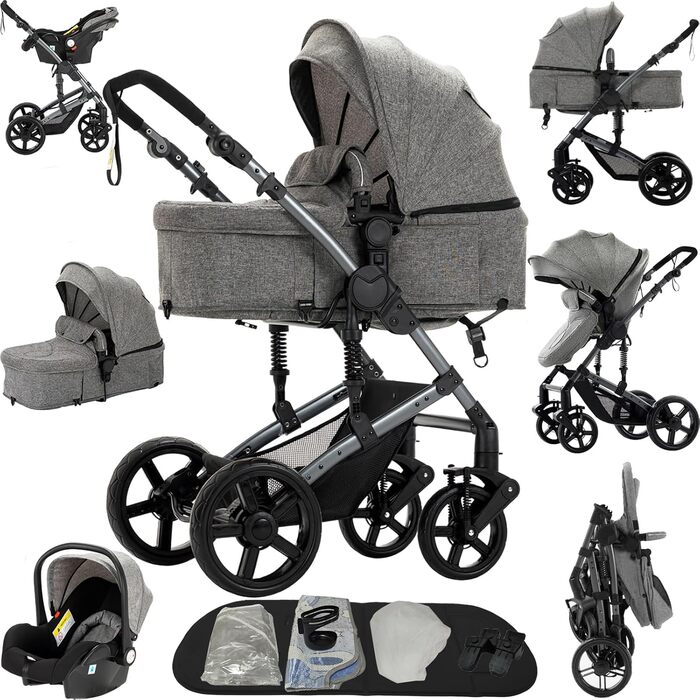 Дитяча коляска 3 в 1, Buggy з двома реверсивними ручками, алюмінієвий каркас, комбінована коляска 3 в 1, комплект, складна конструкція (588 Grey)