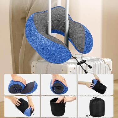 Подушка під шию для подорожей з ефектом пам'яті (Memory Foam) з 3D-маскою для сну та берушами, синя — ідеальна для літака, авто та офісу