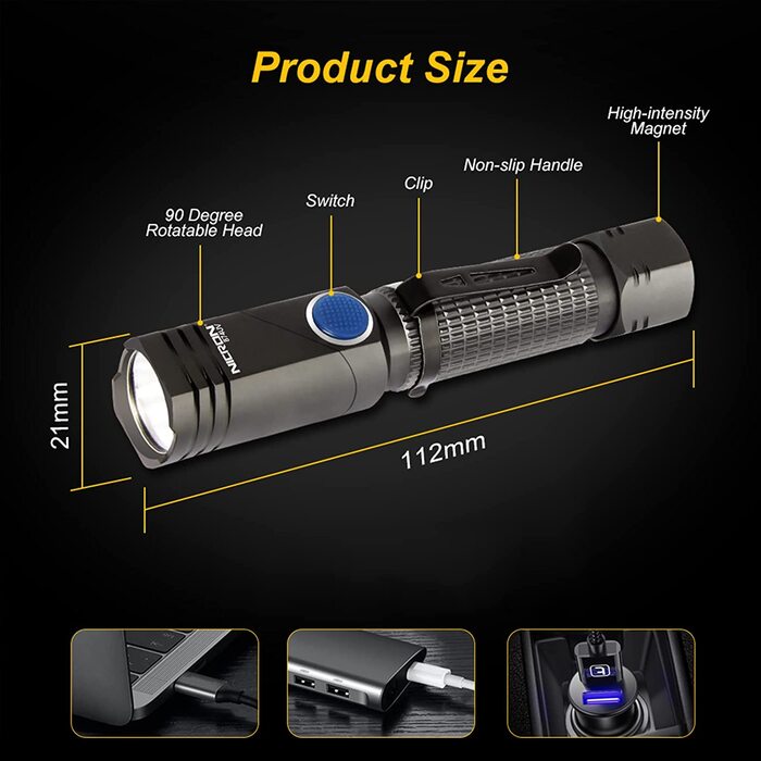 NICRON UV ліхтарик LED, 700 люмен, 90°, акумуляторний, 395нм, магніт, детектор плям сечі собак і котів, B74UV, білий та ультрафіолетовий світло