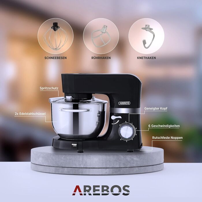 Кухонна машина Arebos 1500W чорного кольору | Міксер з 2 чашами з нержавіючої сталі 4.5 та 5.5L | Тиха робота | 6 швидкостей, набір насадок (крюк для тіста, вінчик, гак для збивання)