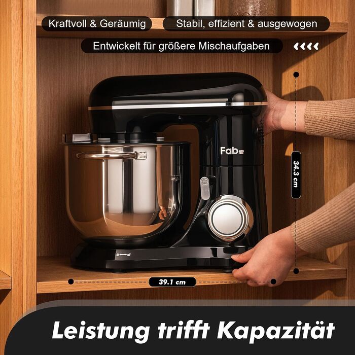 Кухонна машина Kitchen in the box Fab-Serie, потужний планетарний міксер 2000Вт, чаша 8л, 10 швидкостей, з вінчиком, гаком та мішалкою, чорний