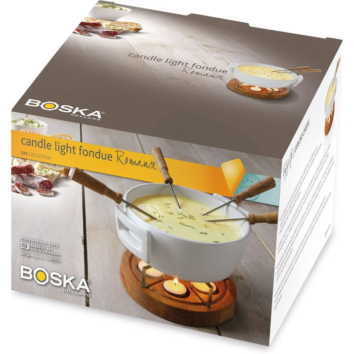 Набір для сирного фондю Boska Twinkle на 4 особи, керамічна чаша 1,6 л, сталь та дерево, з вилками для фондю