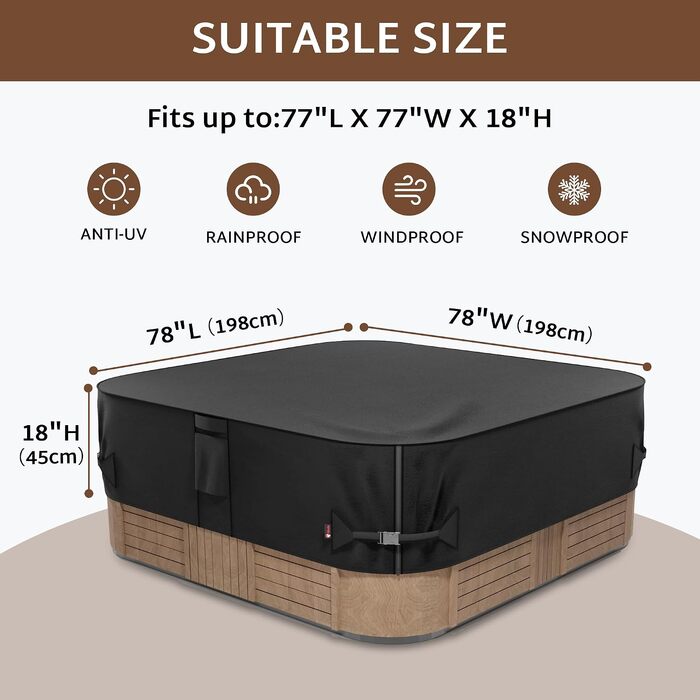 Водонепроникний чохол для гідромасажного jacuzzi/SPA iBirdie, квадратний 198x198 см, міцний захисний покрив 600D для зовнішнього використання, чорний