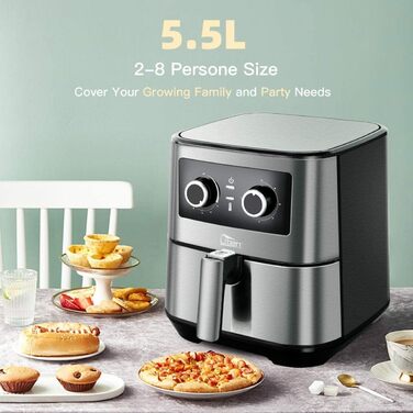 Аерофритюрниця Uten 5,5 л XXL, 1700 Вт, з таймером і антипригарним кошиком, теплоізольована, для 2-8 осіб, подвійне керування