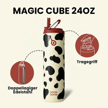 Термофляга зі сталею BOTTLE BOTTLE 750 мл з трубою, кришкою та ручкою — герметична, без BPA, двостінна пляшка для води для спорту, подорожей та фітнесу (дизайн: Корова)