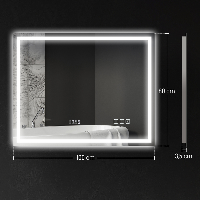 Дзеркало для ванної кімнати з LED-підсвічуванням, Bluetooth, 80 x 100 см, сенсорне керування, регульоване освітлення (3 кольори), антизапарювання, функція пам'яті, сріблястого кольору.