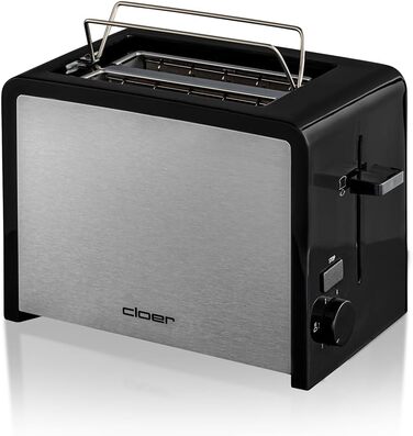 Тостер Cloer 3210 на 2 тости, 825 Вт, з підставкою для булочок, нержавіюча сталь, чорний, теплоізольований корпус, кришка для крихт