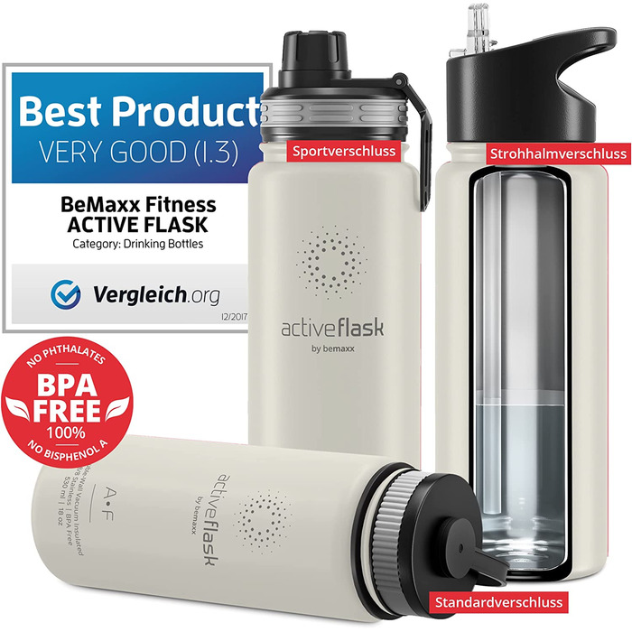 Термобутилка з нержавіючої сталі ACTIVE FLASK 530 мл з соломинкою, 3 кришки, BPA-free, герметична, підходить для газованої води, кремово-біла, для води, спорту, велосипеда, чаю, для дітей