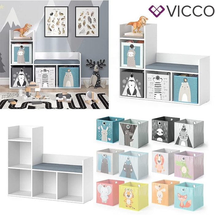 Дитяча книжкова полиця Vicco Luigi біла з 2 коробами, 107.2x88.6 см