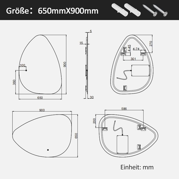 Дзеркало для ванної кімнати Boromal з підсвічуванням 80x60 см, 3 кольори світла, регулювання яскравості, LED, сенсорне керування