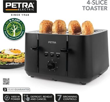 Тостер Petra PT5565MBLKVDE на 4 тости, 1850 Вт, чорний, 7 режимів, функції розморожування, повторного нагріву і відміни, антизастрягальна система, висувний лоток для крихт, самовирівнювання тостів