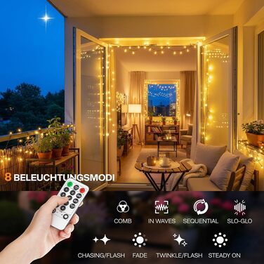Світлодіодна гірлянда для вулиці та дому 25м 200 LED, теплий білий колір, 8 режимів, пульт керування та таймер, водонепроникна IP44, різдвяна ілюмінація для балкона та саду