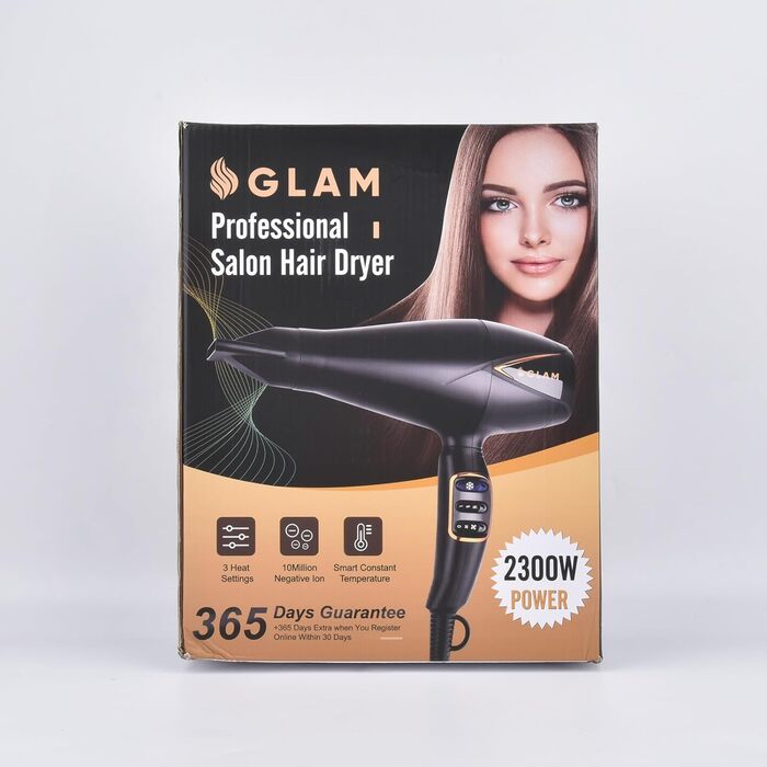 Потужний фен для волосся GLAM Profi 2300 Вт з іонізацією, AC-мотором, 2 швидкостями, 3 температурними режимами, холодним обдувом, дифузором і концентратором, чорний – професійна сушка волосся