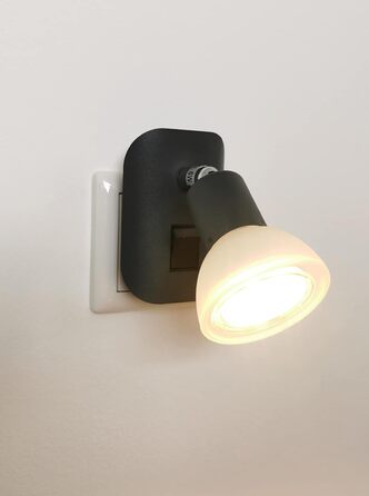Trango 11-045 LED нічник з матовим антрацитовим корпусом і скляним абажуром, настінна лампа з GU10 LED 3000K теплий білий, з вимикачем, для читання та кухні, чорний матовий