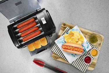 Тостер для хот-догів Elite Cuisine EHD-051B, 30-хвилинний таймер, сталеві нагрівальні ролики, піддон для крихт, 4 булочки, чорний, серія World Series Baseball