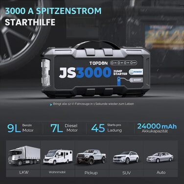 Бустерний пускач TOPDON JS3000 3000A, портативний Jump Starter для авто (бензин до 9л, дизель до 7л), Powerbank 24000mAh з LED-ліхтарем та чохлом