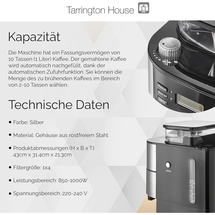 Кавоварка з млинком Tarrington House CMG0917, 1 л, 1000 Вт, срібляста