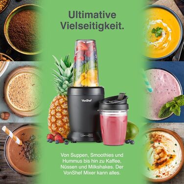 Блендер-смузі VonShef Ultrablend 1000 Вт з двома чашами (500 мл та 800 мл) для фруктів, овочів та льоду, портативний міксер To Go
