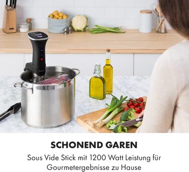 Klarstein Sous Vide Garer: Електричний су-від прилад, 1200W, 20-95°C, таймер, керування через додаток, сенсорний дисплей, 3D циркуляція, для посуду 10-15 літрів, нержавіюча сталь, чорний