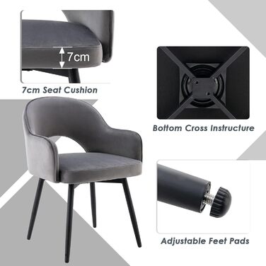Стілець Chairus 2 шт. з оксамиту, поворотний на 360°, м'який обідній стілець з підлокітниками для кухні, дому, офісу, вітальні, сірий 53×58×78 см
