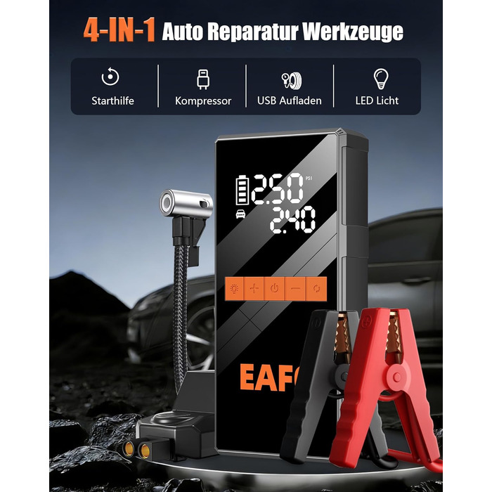 Пусковий інвертор (бустер) 4000A з компресором 150 PSI, Powerbank 12V для авто (бензин до 10л, дизель до 6л) з LED-дисплеєм та USB-C, набір у сумці