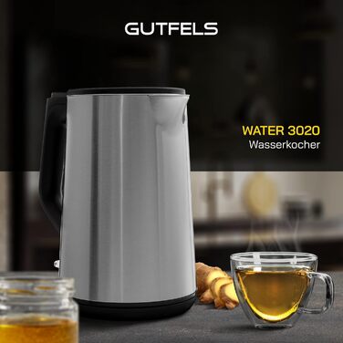 Електрочайник Gutfels WATER 3020, 1,5 л, 2200 Вт, подвійні стінки, нерж. сталь, з фільтром, захист від перегріву і сухого ходу