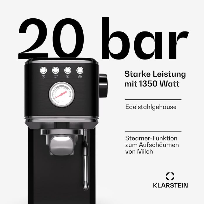 Кавоварка рожкова Klarstein SteelPresso Slim, 20 Бар, 1350 Вт, 1,2 л, парова насадка, нержавіюча сталь, компактна, легке очищення, чорна
