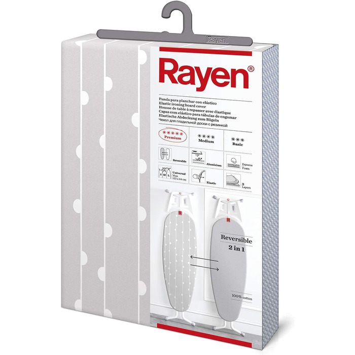 Універсальний прасувальний чохол Rayen, 3 шари (алюміній, піна, бавовна), двосторонній, 51x127 см, сірий зі смужками