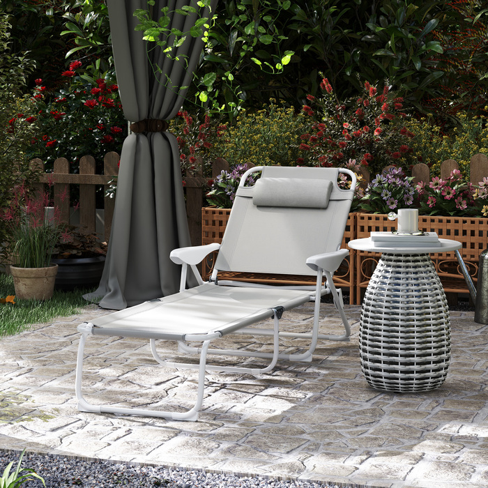 Outsunny Sun Lounger Складний садовий шезлонг з подушкою, шезлонг з регульованою спинкою в 4 напрямках, стійкий до погодних умов шезлонг для кемпінгу, садове крісло навантаження до 120 кг, для саду на відкритому пляжі світло-сірий