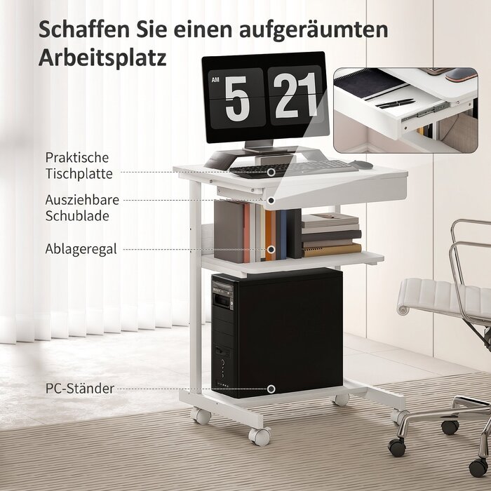 Компактний письмовий стіл на колесах з шухлядою та полицями, ЛДСП та метал