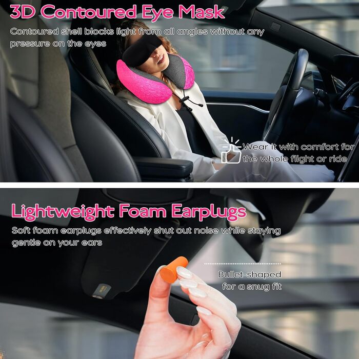 Подушка для подорожей під шию з ефектом пам'яті (Memory Foam) з 3D-маскою для сну та берушами, рожева — ідеальна для літака, авто та офісу