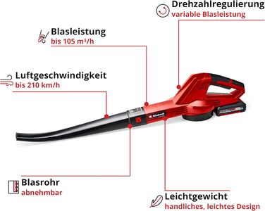 Акумуляторний повітродув Einhell GC-CL 18 Li E Kit Power X-Change (18 В, 210 км/год, регулювання швидкості, Softgrip, акумулятор 2.0 Ач + зарядний пристрій)