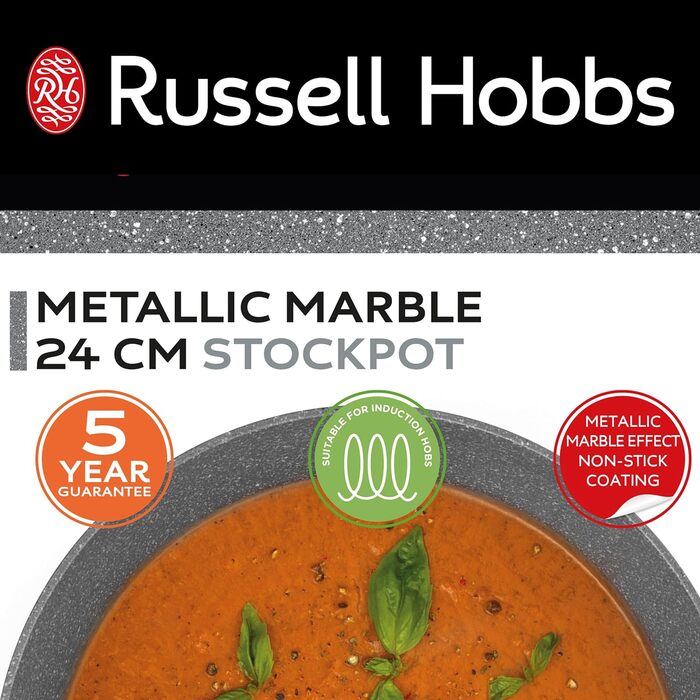 Каструля Russell Hobbs Metallic Marble 24 см, 2 л, антипригарна, для індукції, з кришкою з гартованого скла, м’які ручки